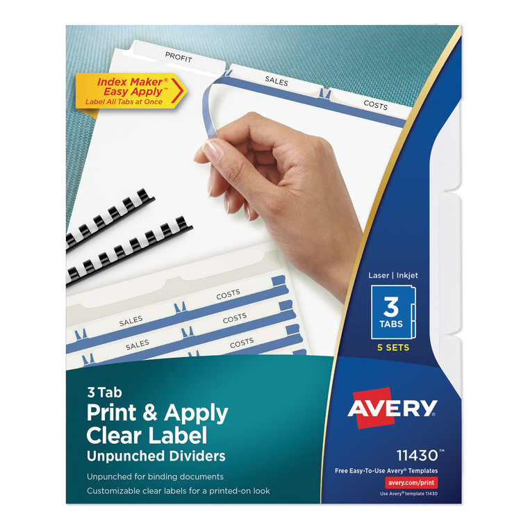 Print And Apply Index Maker Clear Label Unpunched Dividers, 3tab, Letter, 5 Sets - AVE11430