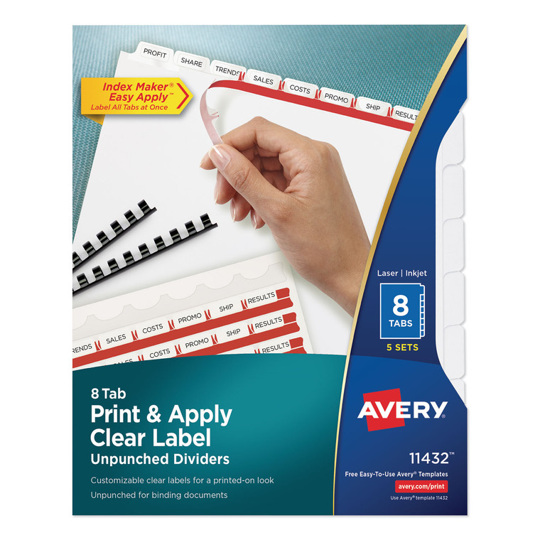 Print And Apply Index Maker Clear Label Unpunched Dividers, 8tab, Letter, 5 Sets - AVE11432