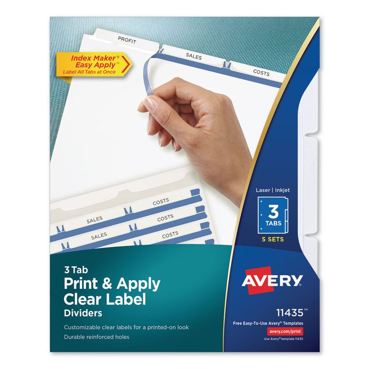 Print And Apply Index Maker Clear Label Dividers, 3 White Tabs, Letter, 5 Sets - AVE11435