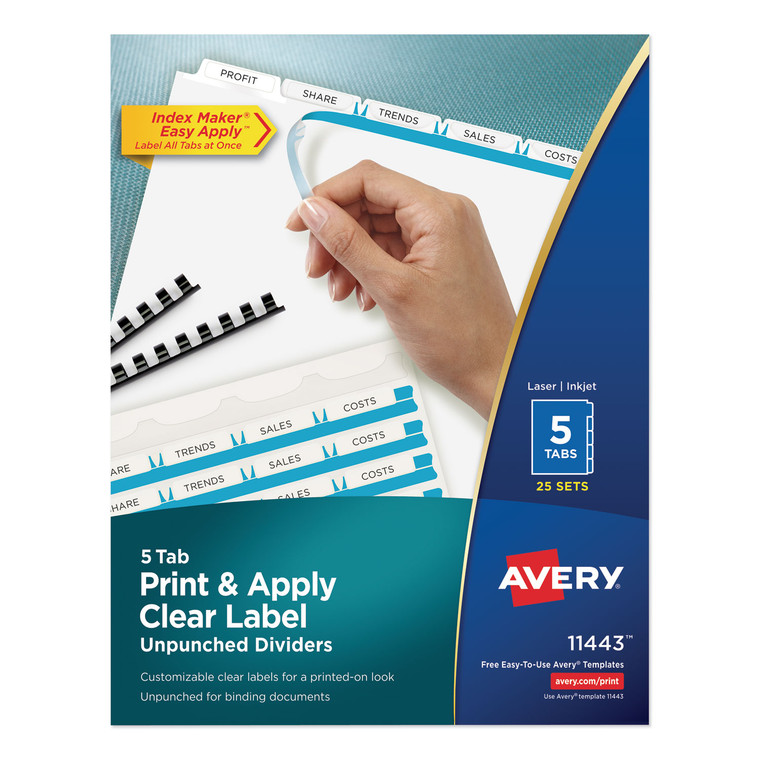 Print And Apply Index Maker Clear Label Unpunched Dividers, 5-Tab, Ltr, 25 Sets - AVE11443