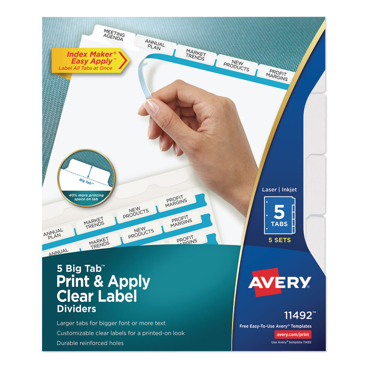 Print And Apply Index Maker Clear Label Dividers, 5 White Tabs, Letter, 5 Sets - AVE11492