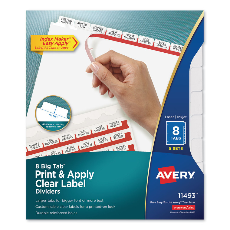 Print And Apply Index Maker Clear Label Dividers, 8 White Tabs, Letter, 5 Sets - AVE11493