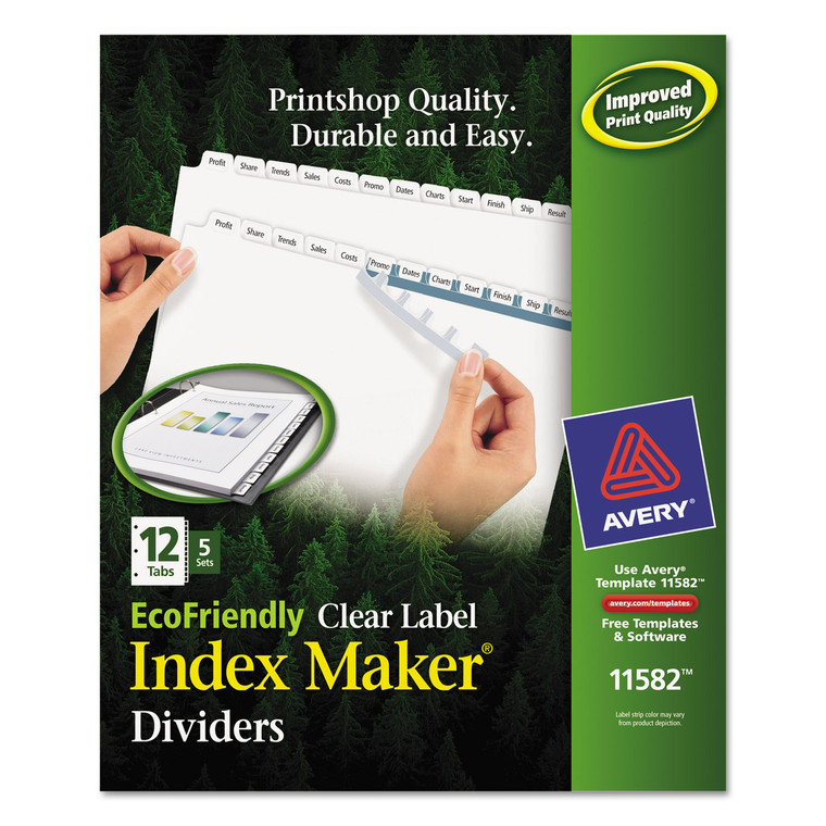 Index Maker Ecofriendly Print And Apply Clear Label Dividers With White Tabs, 12-Tab, 11 X 8.5, White, 5 Sets - AVE11582