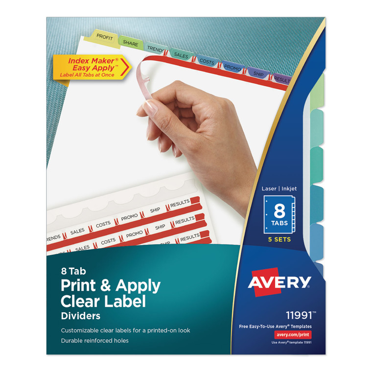 Print And Apply Index Maker Clear Label Dividers, 8 Color Tabs, Letter, 5 Sets - AVE11991