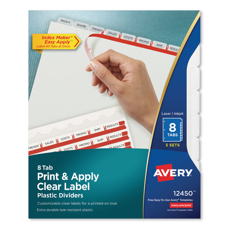 Print And Apply Index Maker Clear Label Plastic Dividers With Printable Label Strip, 8-Tab, 11 X 8.5, Translucent, 5 Sets - AVE12450