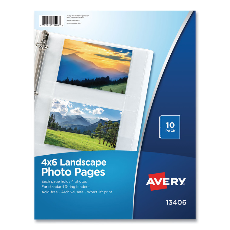 Photo Storage Pages For Four 4 X 6 Horizontal Photos, 3-Hole Punched, 10/pack - AVE13406
