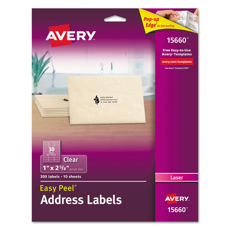 Matte Clear Easy Peel Mailing Labels W/ Sure Feed Technology, Laser Printers, 1 X 2.63, Clear, 30/sheet, 10 Sheets/pack - AVE15660