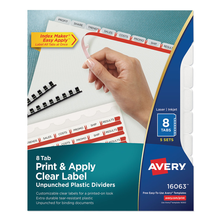 Print And Apply Index Maker Clear Label Unpunched Dividers With Printable Label Strip, 8-Tab, 11 X 8.5, Clear, 5 Sets - AVE16063