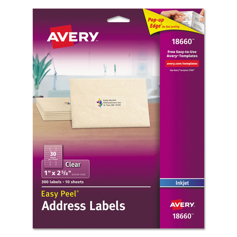 Matte Clear Easy Peel Mailing Labels W/ Sure Feed Technology, Inkjet Printers, 1 X 2.63, Clear, 30/sheet, 10 Sheets/pack - AVE18660