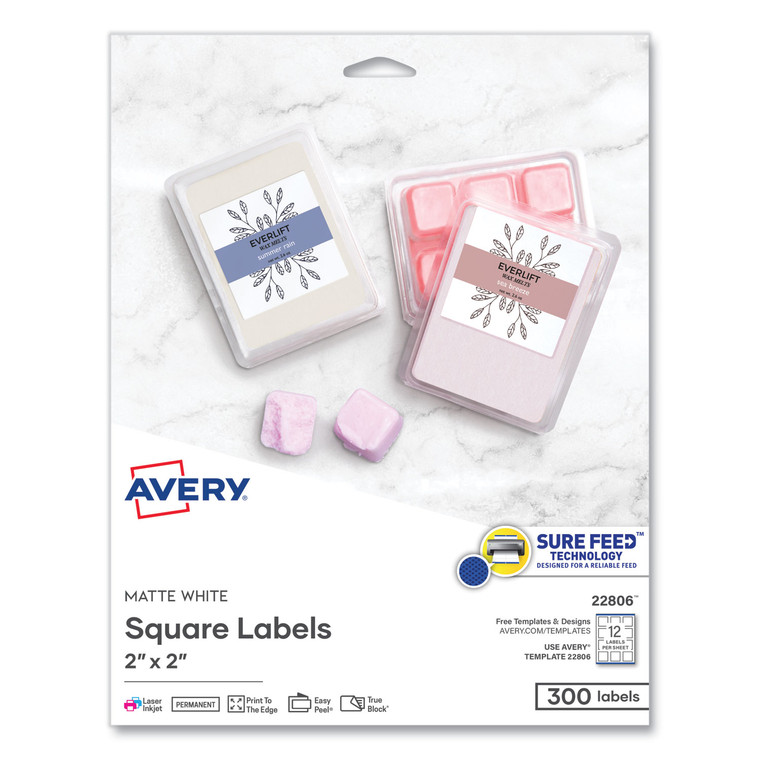 Square Labels With Sure Feed And Trueblock, 2 X 2, White, 300/pack - AVE22806