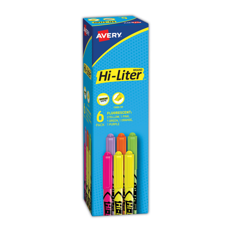 Hi-Liter Pen-Style Highlighters, Assorted Ink Colors, Chisel Tip, Assorted Barrel Colors, 6/set - AVE23565