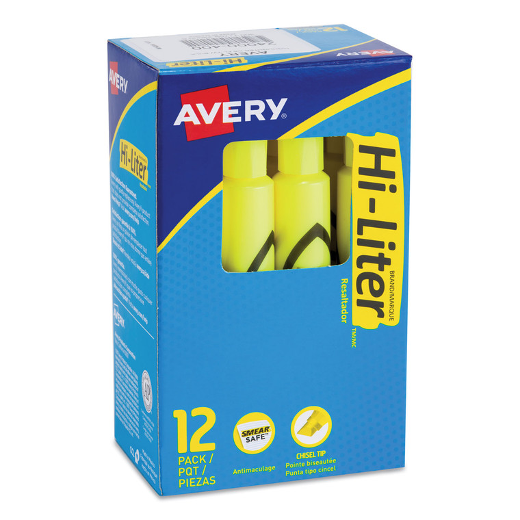 Hi-Liter Desk-Style Highlighters, Fluorescent Yellow Ink, Chisel Tip, Yellow/black Barrel, Dozen - AVE24000