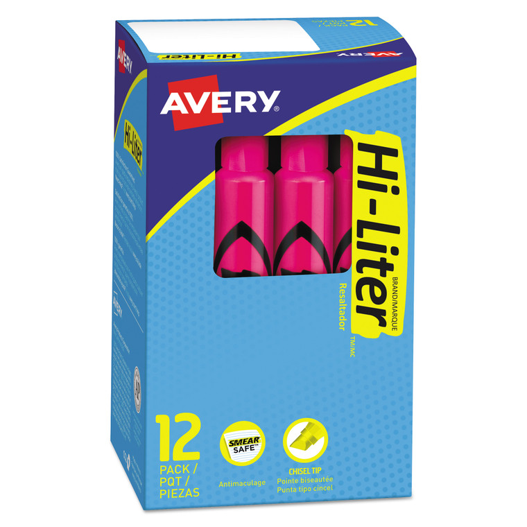 Hi-Liter Desk-Style Highlighters, Fluorescent Pink Ink, Chisel Tip, Pink/black Barrel, Dozen - AVE24010