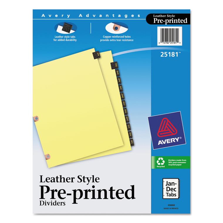Preprinted Black Leather Tab Dividers W/copper Reinforced Holes, 12-Tab, Letter - AVE25181