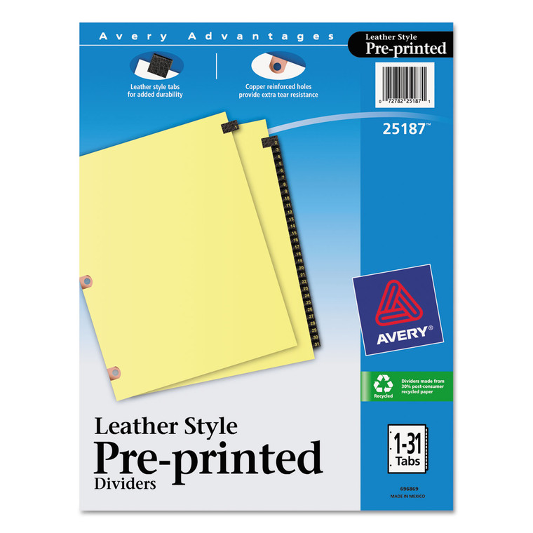 Preprinted Black Leather Tab Dividers W/copper Reinforced Holes, 31-Tab, Letter - AVE25187