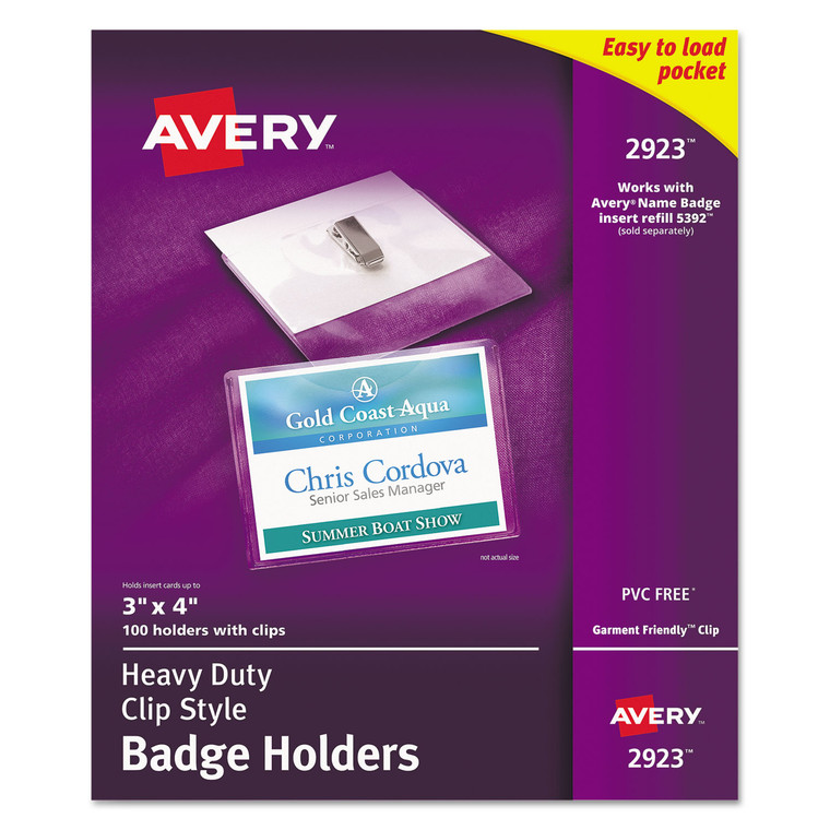 Heavy-Duty Clip-Style Badge Holders, Horizontal, 4 X 3, Clear, 100/box - AVE2923