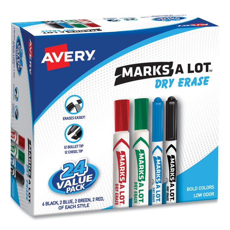 Marks A Lot Desk/pen-Style Dry Erase Marker Value Pack, Assorted Broad Bullet/chisel Tips, Assorted Colors, 24/pack (29870) - AVE29870