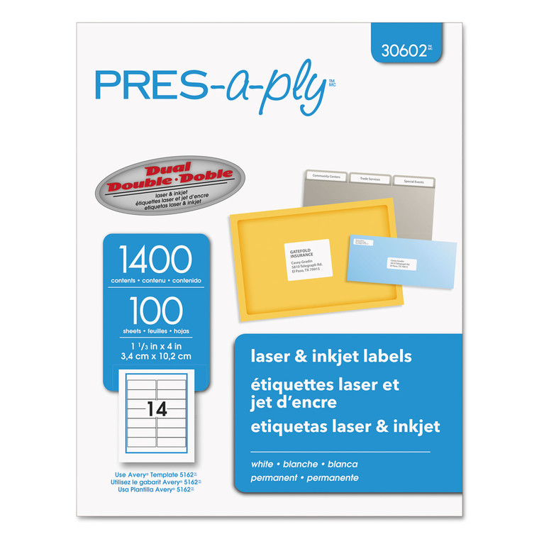 Labels, Laser Printers, 1.33 X 4, White, 14/sheet, 100 Sheets/box - AVE30602