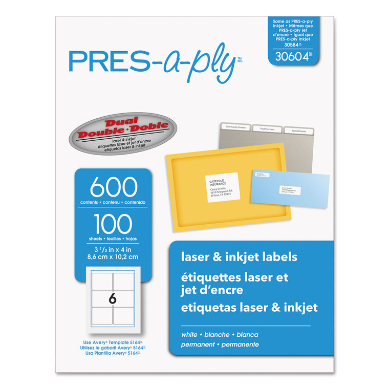 Labels, Laser Printers, 3.33 X 4, White, 6/sheet, 100 Sheets/box - AVE30604