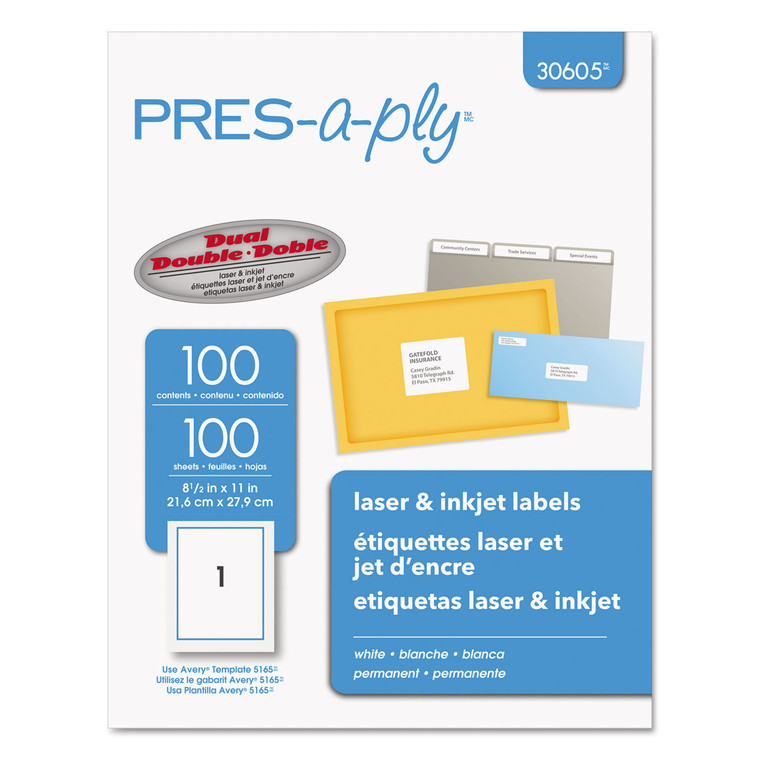 Labels, Laser Printers, 8.5 X 11, White, 100/box - AVE30605