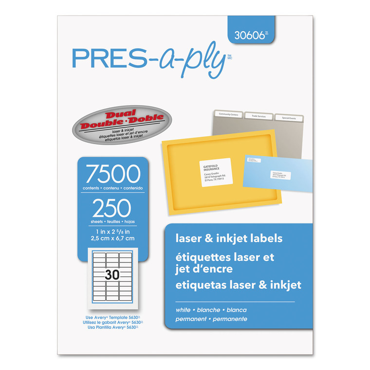 Labels, Laser Printers, 1 X 2.63, White, 30/sheet, 250 Sheets/box - AVE30606