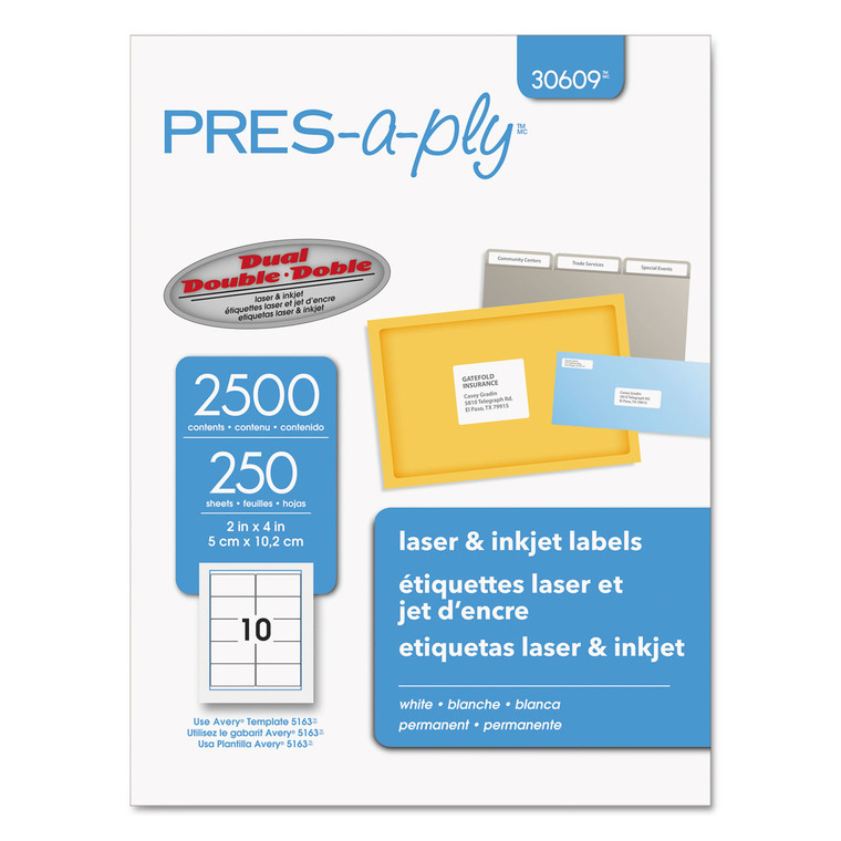 Labels, Laser Printers, 2 X 4, White, 10/sheet, 250 Sheets/box - AVE30609
