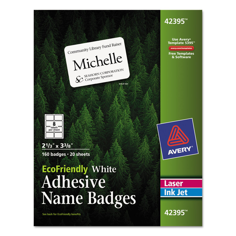 Ecofriendly Adhesive Name Badge Labels, 3.38 X 2.33, White, 160/box - AVE42395