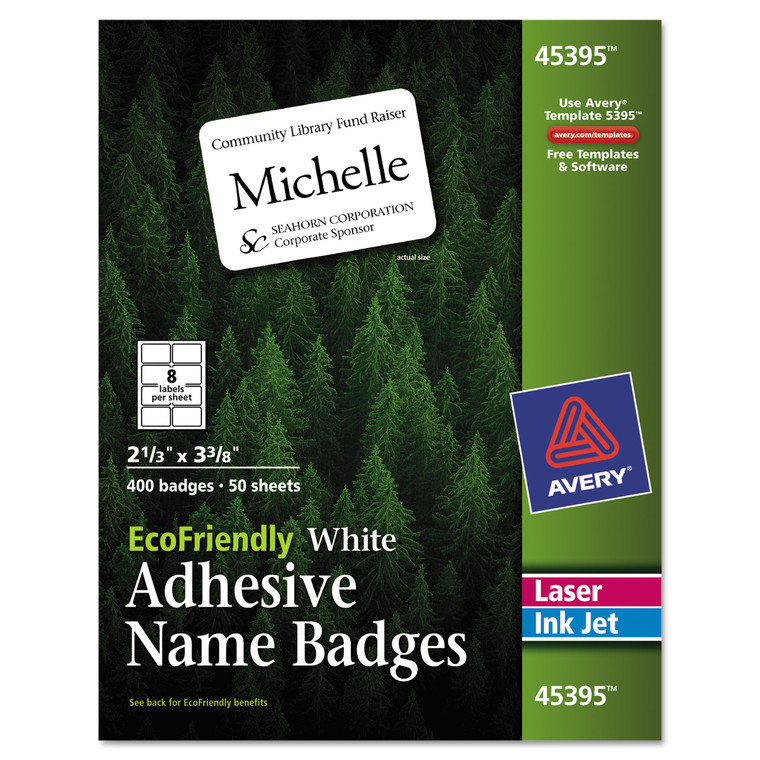 Ecofriendly Adhesive Name Badge Labels, 3.38 X 2.33, White, 400/box - AVE45395