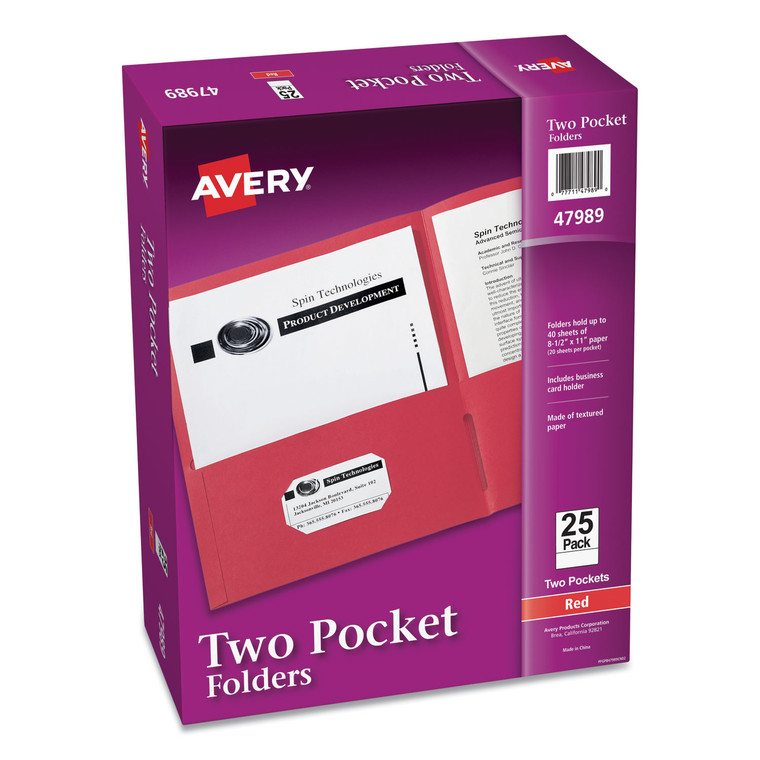 Two-Pocket Folder, 40-Sheet Capacity, 11 X 8.5, Red, 25/box - AVE47989