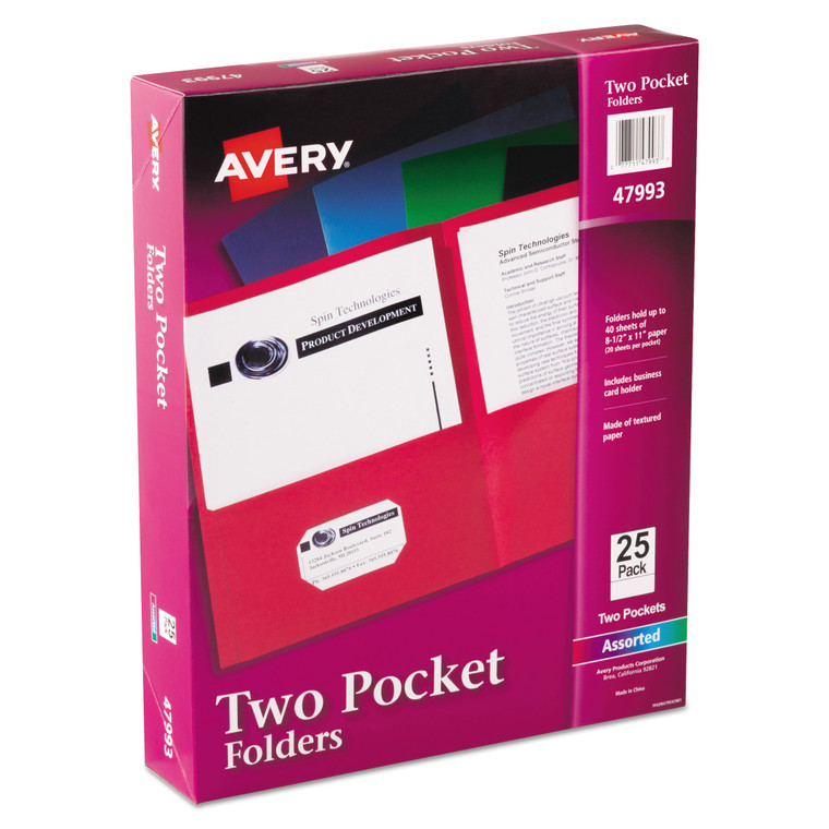 Two-Pocket Folder, 40-Sheet Capacity, 11 X 8.5, Assorted Colors, 25/box - AVE47993