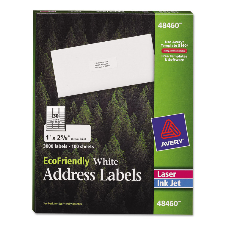 Ecofriendly Mailing Labels, Inkjet/laser Printers, 1 X 2.63, White, 30/sheet, 100 Sheets/pack - AVE48460