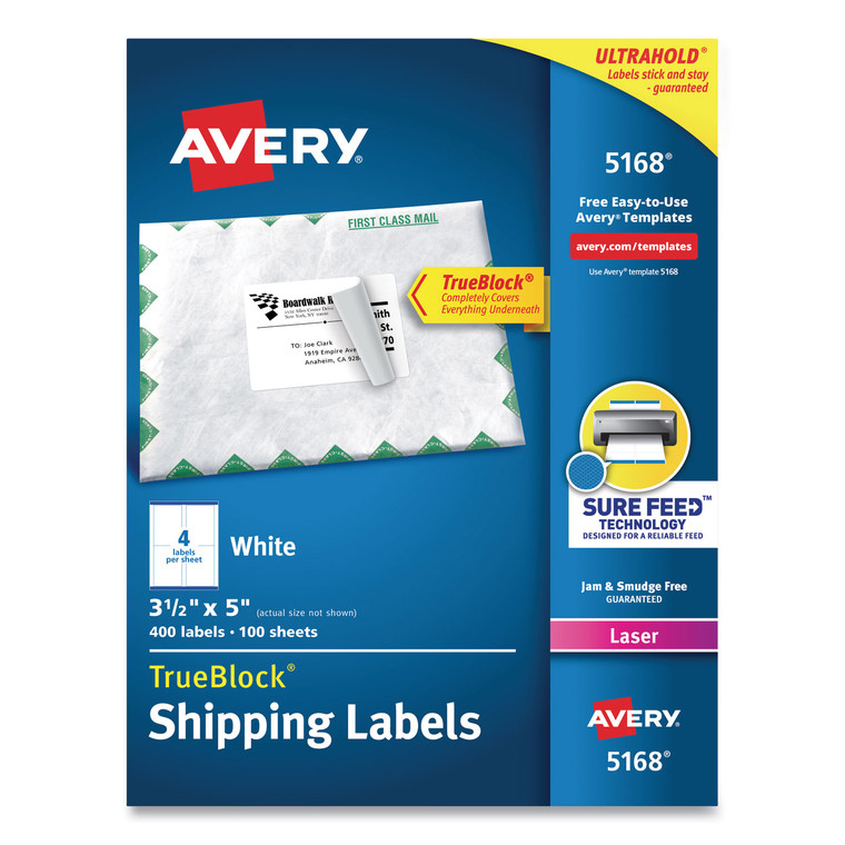 Shipping Labels W/ Trueblock Technology, Laser Printers, 3.5 X 5, White, 4/sheet, 100 Sheets/box - AVE5168