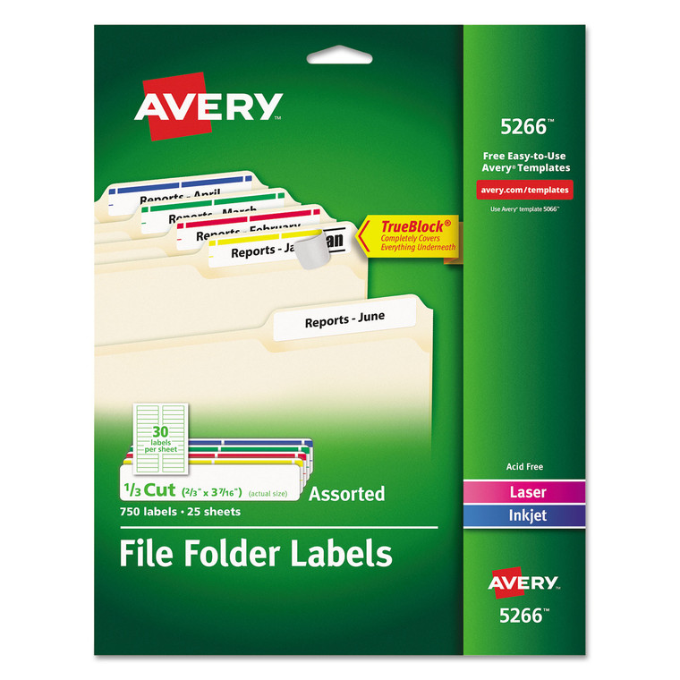 Permanent Trueblock File Folder Labels With Sure Feed Technology, 0.66 X 3.44, White, 30/sheet, 25 Sheets/pack - AVE5266