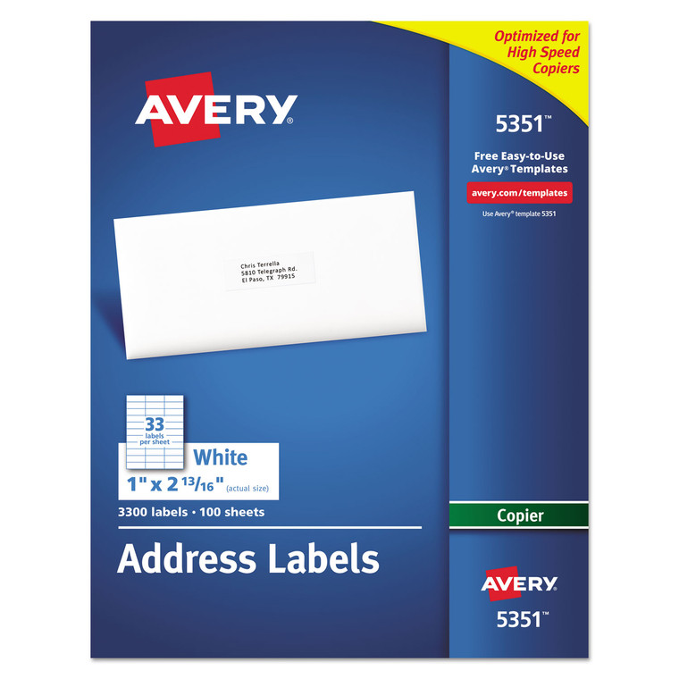 Copier Mailing Labels, Copiers, 1 X 2.81, White, 33/sheet, 100 Sheets/box - AVE5351