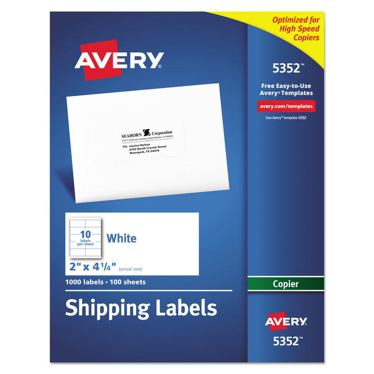 Copier Mailing Labels, Copiers, 2 X 4.25, White, 10/sheet, 100 Sheets/box - AVE5352