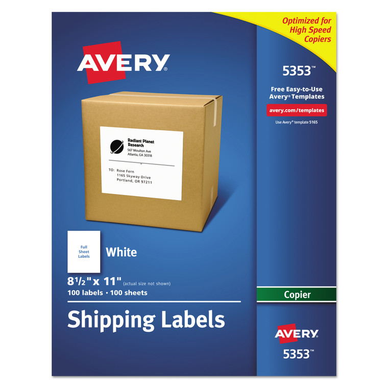 Copier Mailing Labels, Copiers, 8.5 X 11, White, 100/box - AVE5353