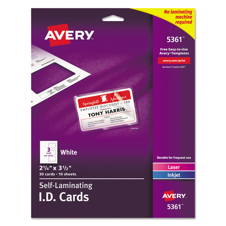 Laminated Laser/inkjet Id Cards, 2 1/4 X 3 1/2, White, 30/box - AVE5361