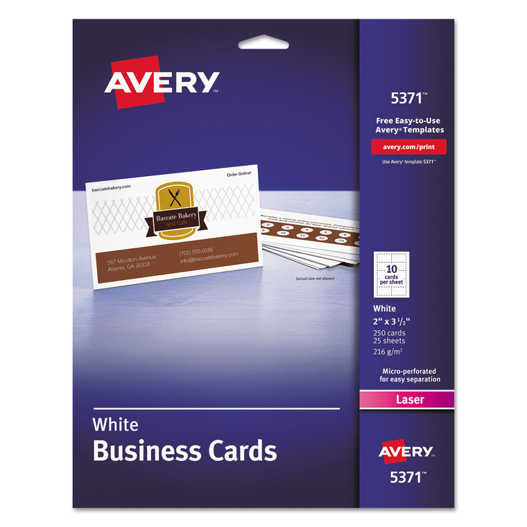 Printable Microperforated Business Cards W/sure Feed Technology, Laser, 2 X 3.5, White, 250 Cards, 10/sheet, 25 Sheets/pack - AVE5371