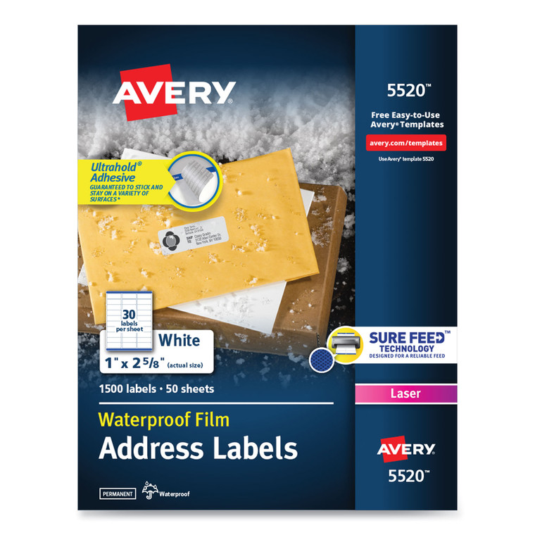 Waterproof Address Labels With Trueblock And Sure Feed, Laser Printers, 1 X 2.63, White, 30/sheet, 50 Sheets/pack - AVE5520