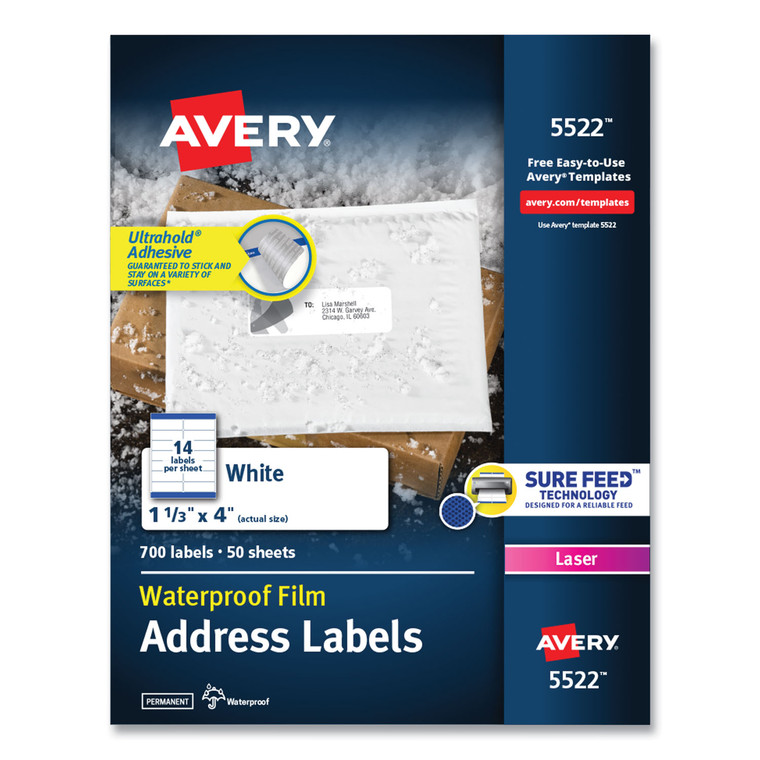 Waterproof Address Labels With Trueblock And Sure Feed, Laser Printers, 1.33 X 4, White, 14/sheet, 50 Sheets/pack - AVE5522
