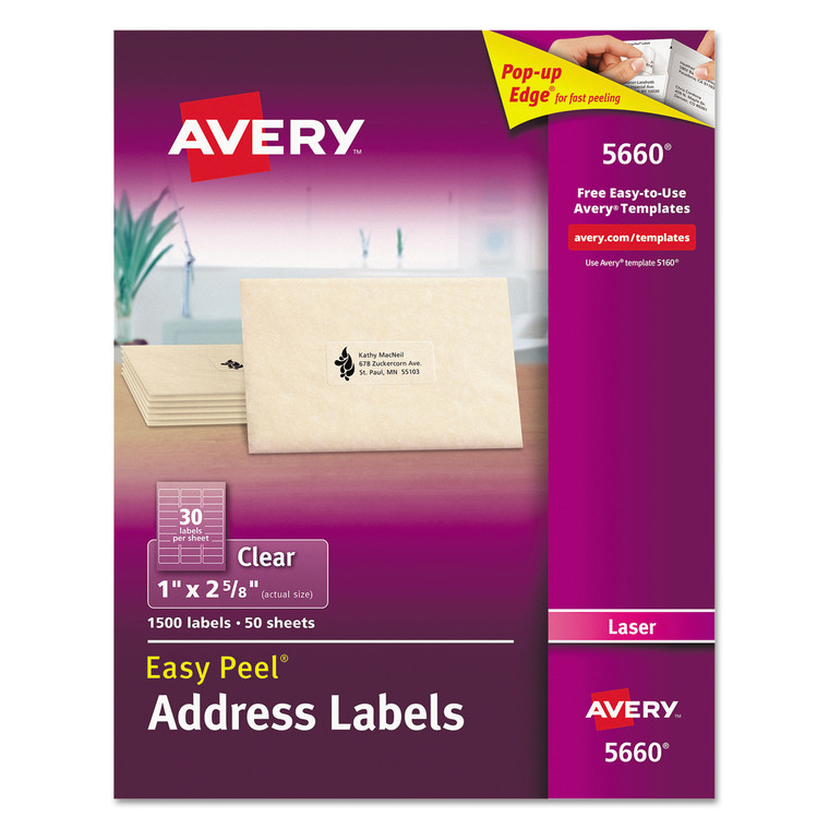 Matte Clear Easy Peel Mailing Labels W/ Sure Feed Technology, Laser Printers, 1 X 2.63, Clear, 30/sheet, 50 Sheets/box - AVE5660