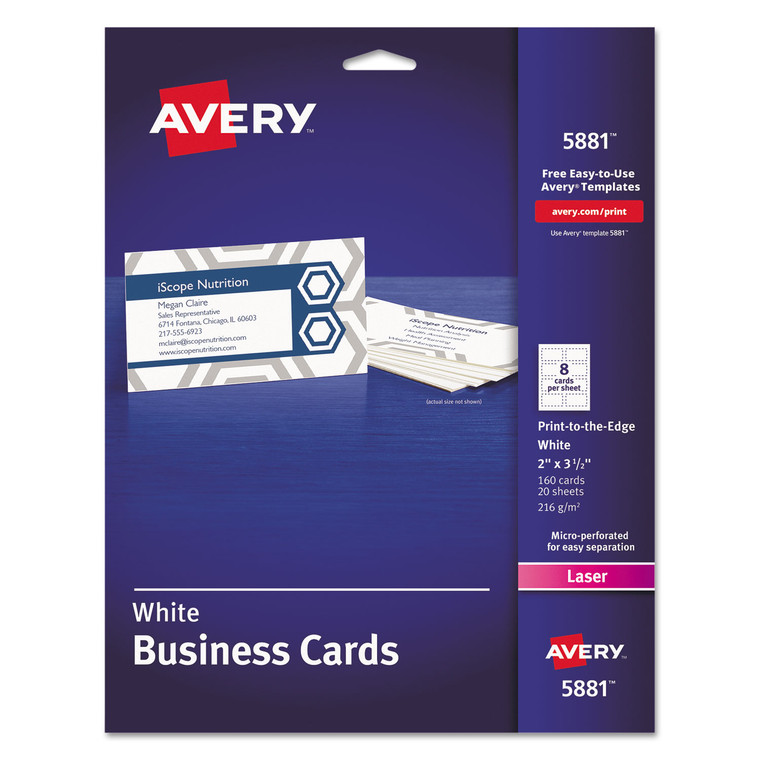 Print-To-The-Edge Microperf Business Cards W/sure Feed Technology, Color Laser, 2x3.5, White, 160 Cards, 8/sheet,20 Sheets/pk - AVE5881