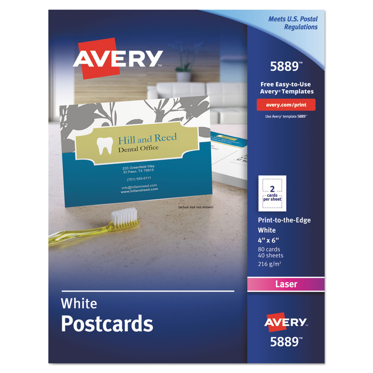 Printable Postcards, Laser, 80 Lb, 4 X 6, Uncoated White, 80 Cards, 2 Cards/sheet, 40 Sheets/box - AVE5889