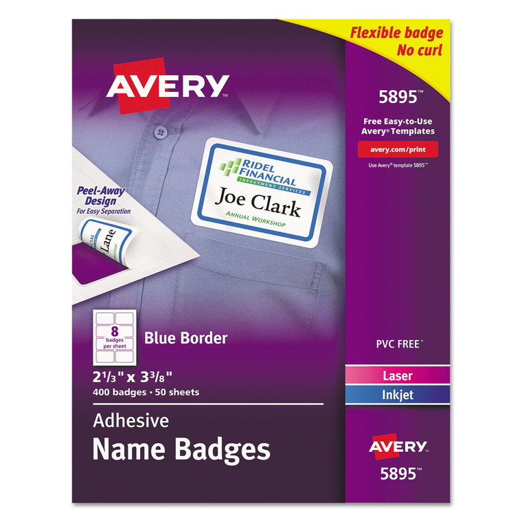 Flexible Adhesive Name Badge Labels, 3.38 X 2.33, White/blue Border, 400/box - AVE5895