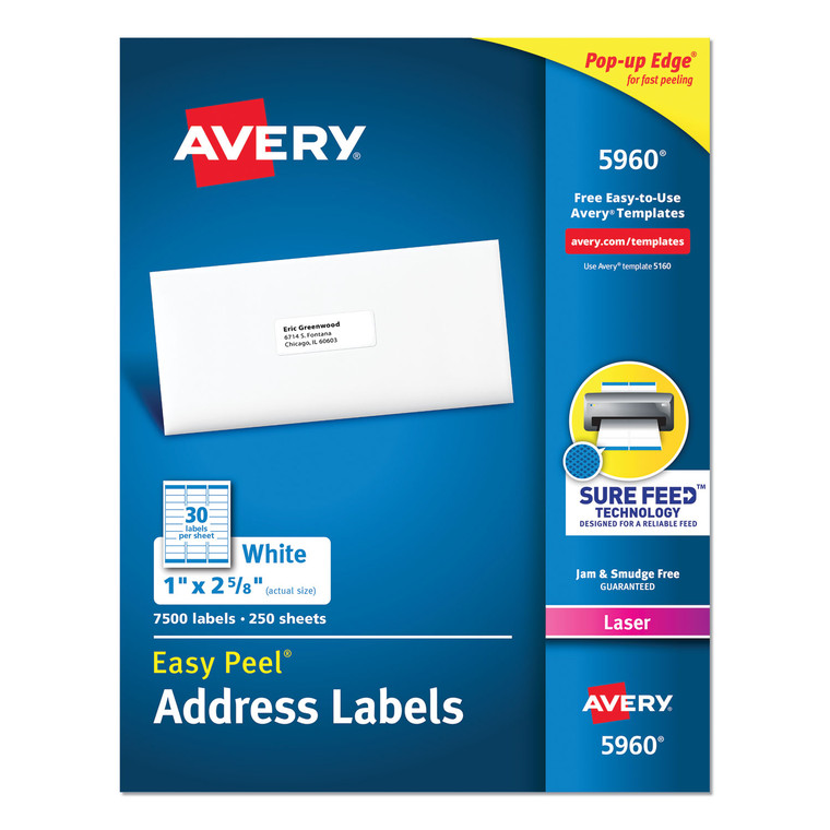 Easy Peel White Address Labels W/ Sure Feed Technology, Laser Printers, 1 X 2.63, White, 30/sheet, 250 Sheets/pack - AVE5960