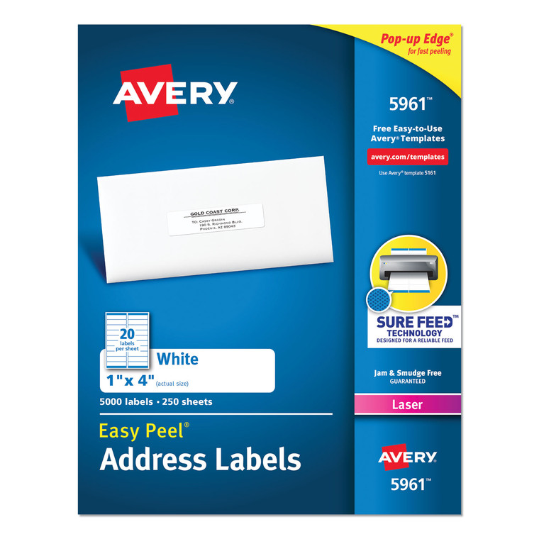 Easy Peel White Address Labels W/ Sure Feed Technology, Laser Printers, 1 X 4, White, 20/sheet, 250 Sheets/box - AVE5961