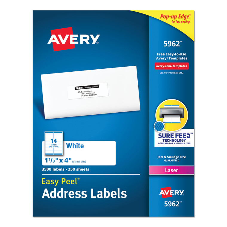 Easy Peel White Address Labels W/ Sure Feed Technology, Laser Printers, 1.33 X 4, White, 14/sheet, 250 Sheets/box - AVE5962