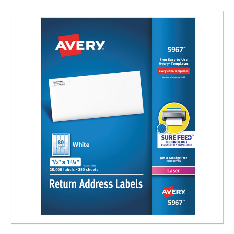 White Address Labels W/ Sure Feed Technology For Laser Printers, Laser Printers, 0.5 X 1.75, White, 80/sheet, 250 Sheets/box - AVE5967