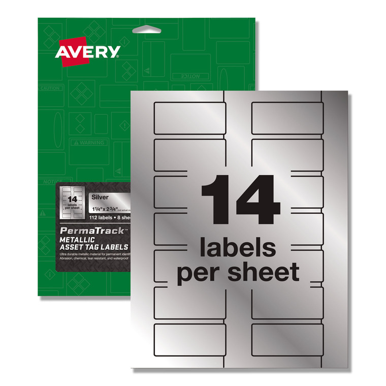 Permatrack Metallic Asset Tag Labels, Laser Printers, 1.25 X 2.75, Silver, 14/sheet, 8 Sheets/pack - AVE61528