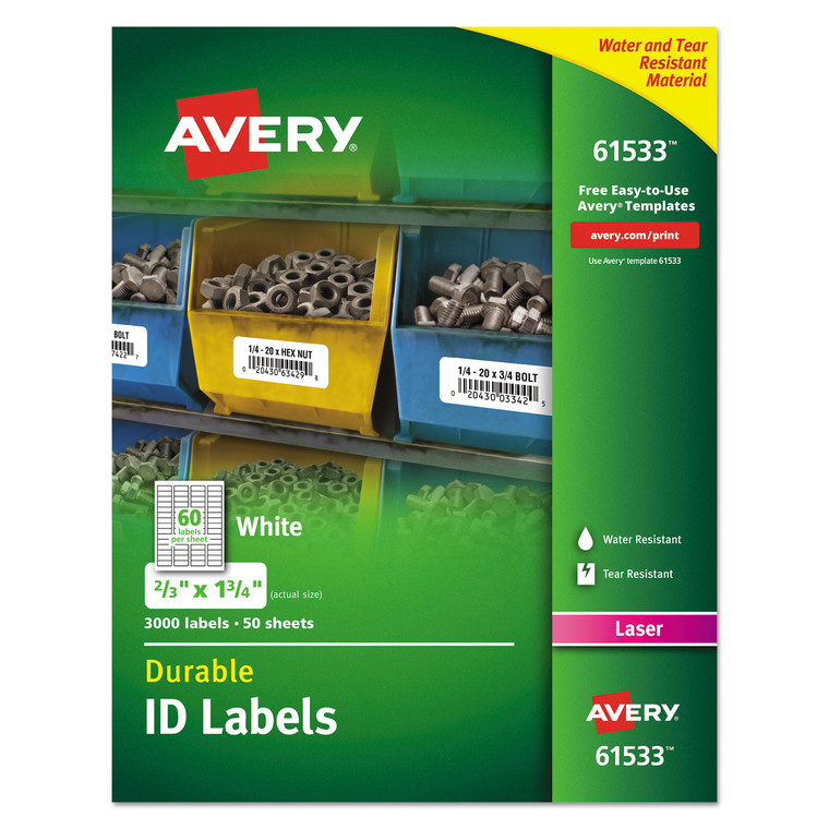 Durable Permanent Id Labels With Trueblock Technology, Laser Printers, 0.66 X 1.75, White, 60/sheet, 50 Sheets/pack - AVE61533